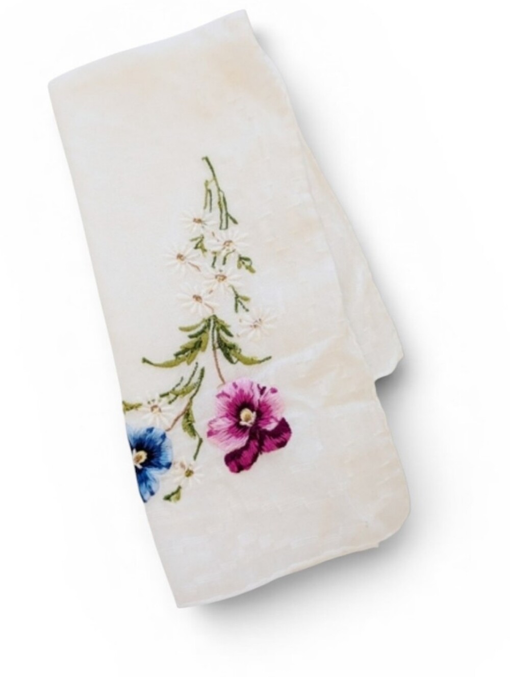 VINTAGE Hankerchief Embroidered Flowers Colorful 12x12 Cotton Pansies Violet